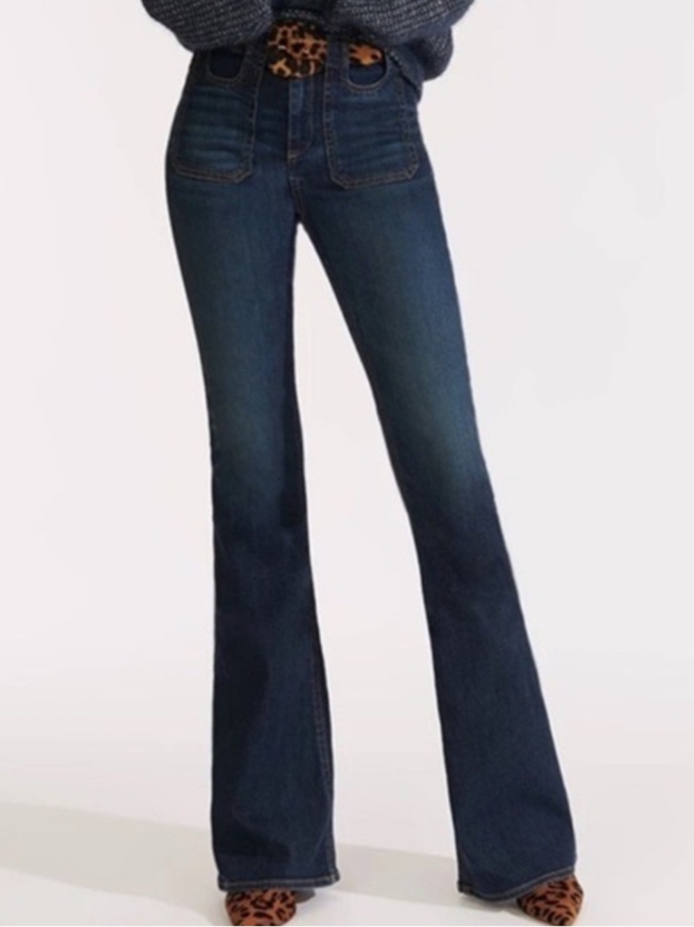 High-Rise Dark Blue Flared Jeans - Women's Wide Leg